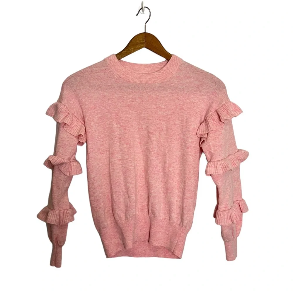 J. Crew Pink Wool Blend Warm Sweater with Ruffled Long Sleeves